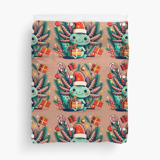 Discover cute axolotl surrounded by christmas things Duvet Cover