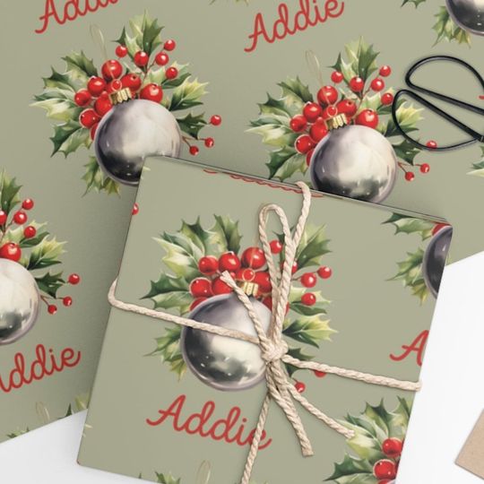 Discover Personalized Holly and Ornament Christmas Wrapping Paper