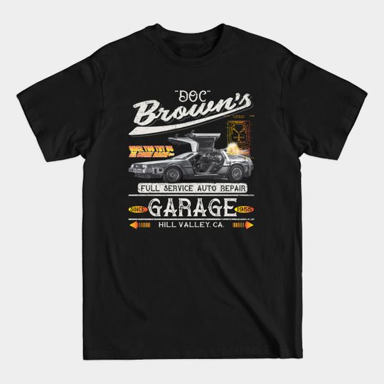 Discover Doc Brown's Auto Repair Shop - Back To The Future - T-Shirt
