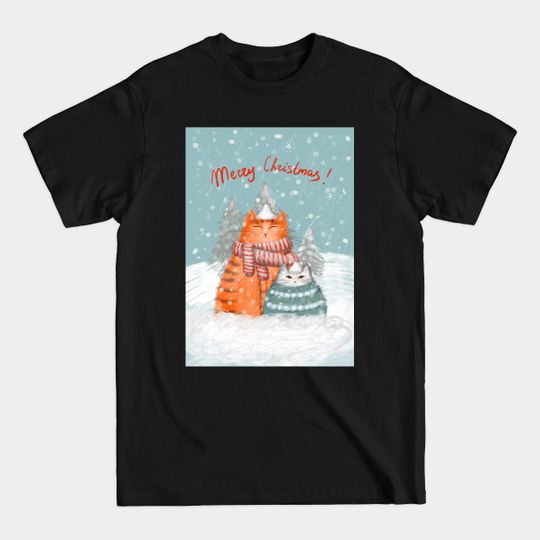 Discover Merry Christmas greeting winter card with cute fluffy cats in red Santa hats and scarves. - Chrismas Card - T-Shirt