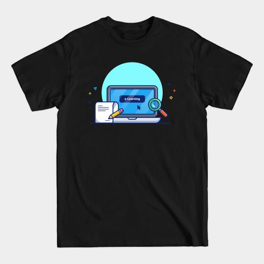Discover Laptop, Magnifying Glass, Paper And Pencil Cartoon - Laptop - T-Shirt