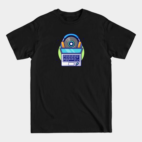 Discover Laptop with Vinyl and Headphones Cartoon Vector Icon Illustration - Laptop - T-Shirt
