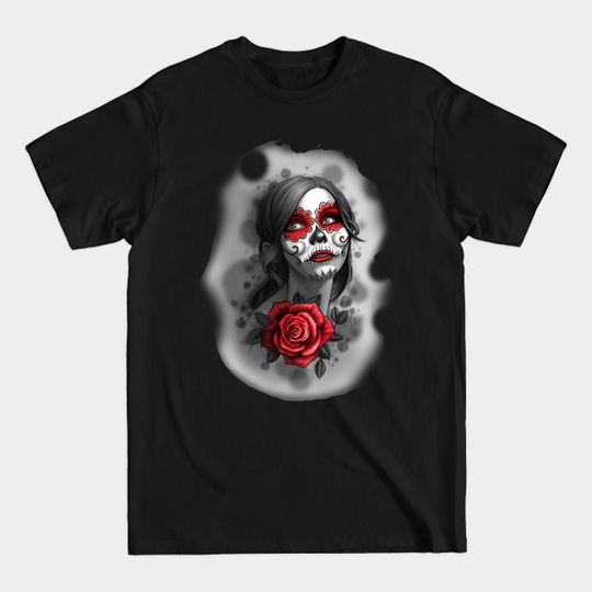 Discover Day of the Dead Girl Red Makeup and Rose Pencil Sketch - Day Of The Dead - T-Shirt