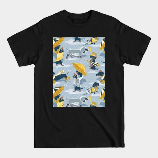 Discover Ready For a Rainy Walk // pattern // pastel blue background dachshunds dogs with yellow and transparent rain coats - Dachshund Dog - T-Shirt