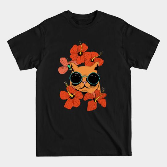 Discover Cat And Hibiscus Flowers - Cat Sunglasses - T-Shirt