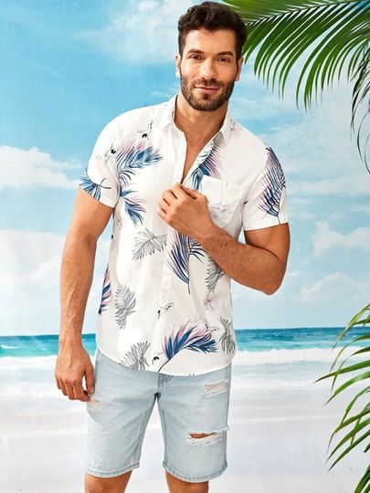 Discover Beach Shirt| Men Hawaiian Shirt| Men Leaf Print Pocket Front Hawaiian Shirt