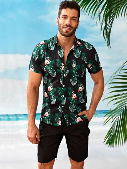 Discover Beach Shirt| Men Hawaiian Shirt| Men Tropical & Flamingo Print Shirt