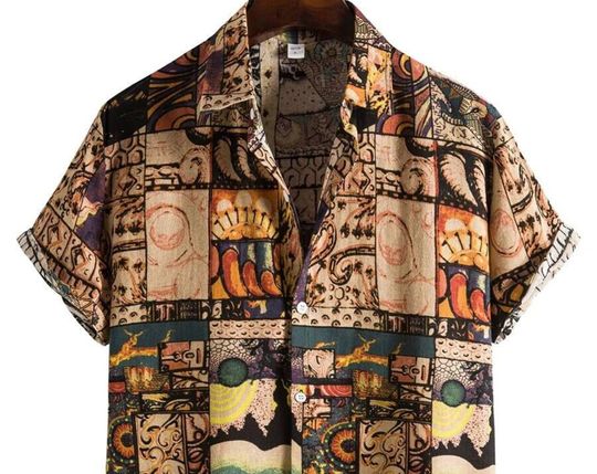 Discover Linen Shirt| Men Patchwork Print Button Front Shirt|