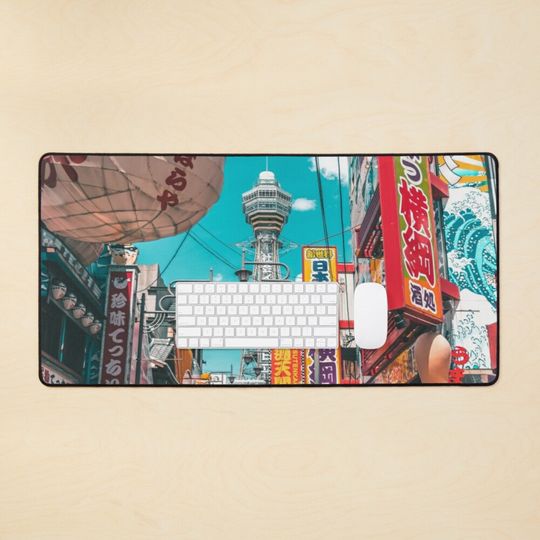 Discover Tokyo Blue City Desk Mat, Japanese Desk Pad Tokyo Street, Office Accessory, Extra Large Gaming Mousepad