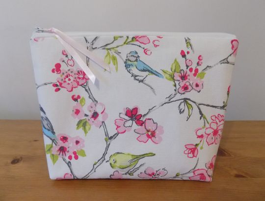 Discover Birds & Blossom Toiletries Bag For Women, Large Make Up Case, Floral Cosmetics Purse, Zipper Storage Pouch, Cotton Canvas Fabric, Waterproof