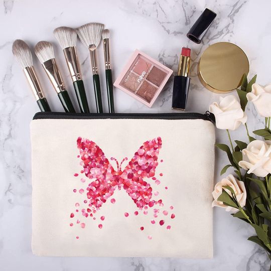 Discover Butterfly Pattern Beige Make Up Cosmetic Wash Birthday Gift Pouch Bag Canvas Bride makeup organiser bride Bridesmaid bag Wallet Pencil Case
