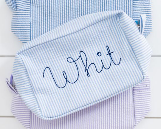 Discover Monogram Seersucker Toiletry Bag // Embroidered Seersucker Everything Bag