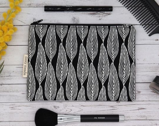 Discover Black Makeup Bag, Eucalyptus Zipper Pouch, Floral Cosmetic Bag