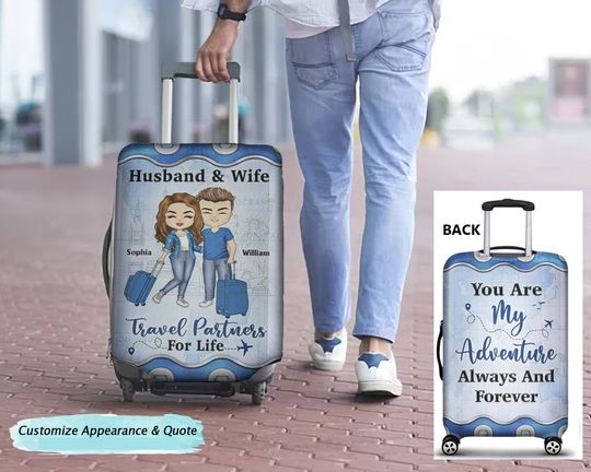 Discover Husband & Wife travel partners for life, Luggage Cover for traveler, Honeymoon Gift, Gift for Couple, Custom Luggage Cover, Travelling gift