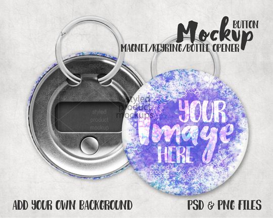 Discover Button keyring magnet and bottle opener mockup | Add your own image and background