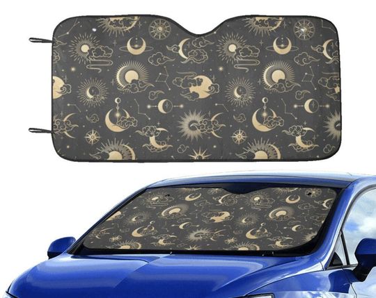 Discover Sun Moon Windshield Sun Shade, Black Boho Bohemian Asian Stars Car Accessories Auto Cover Protector Window Visor