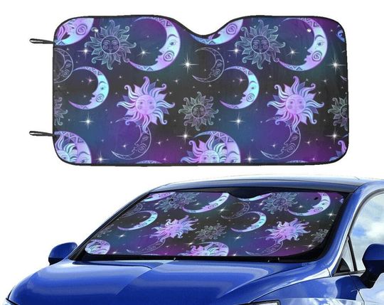 Discover Moon Stars Windshield Sun Shade, Boho Bohemian Galaxy Purple Car Accessories Auto Cover Protector Window Visor