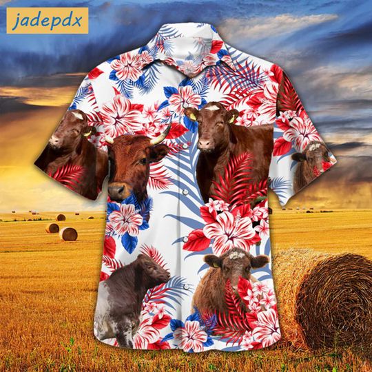 Discover Tropical Flower Shorthorn Cattle American Flag Hawaiian Shirt