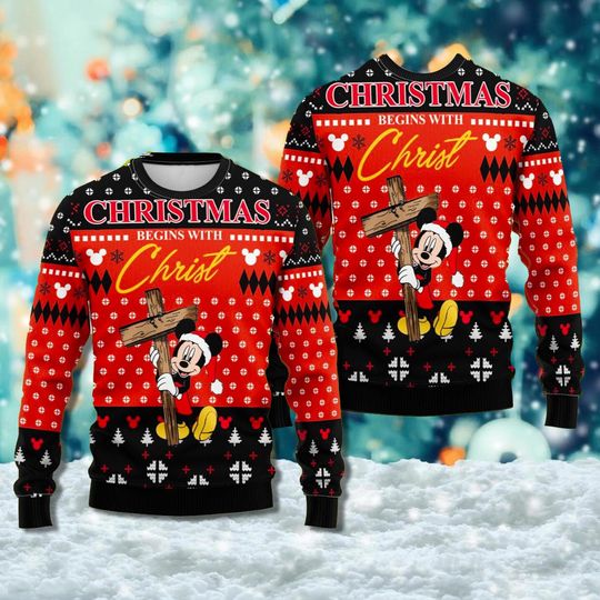 Discover Christmas Begins With Christ 3D Ugly Christmas Sweater, Mice Christ Mouse Xmas Sweater