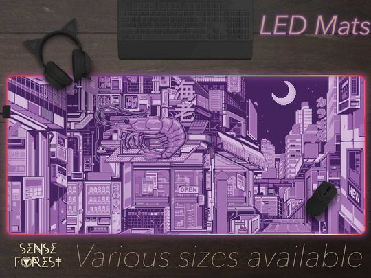 Discover Sewn Edges Purple Pixel art LED desk mat, Vaporwave Japanese city Lofi Gaming Mouse Pad