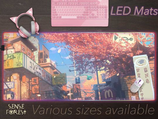 Discover Sewn Edges Japanese street LED desk mat, Cherry Blossom Gaming Mouse Pad