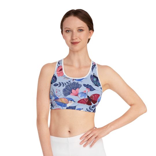 Discover Summer Folk Butterfly Bird Flower Sports Bra