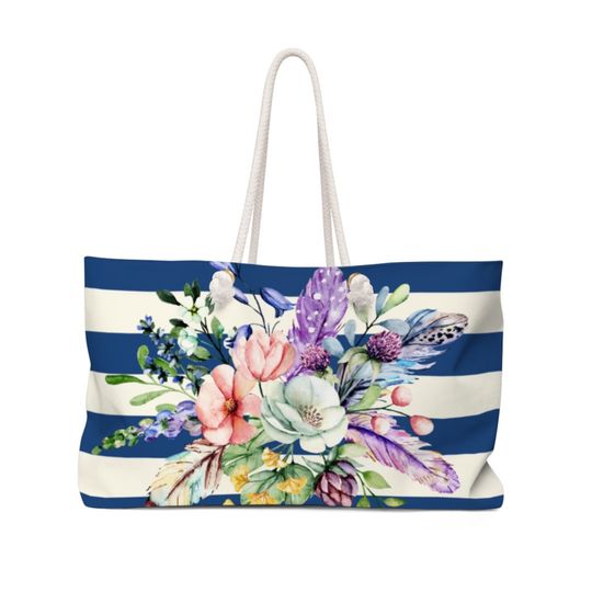 Discover Navy And White Stripe Floral Weekender Bag