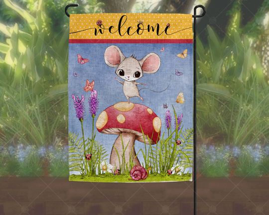Discover Linen Welcome Garden Flag with Mice and Mushrooms