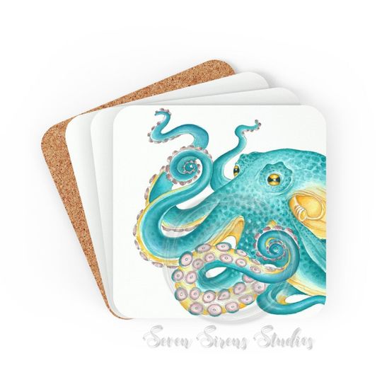Discover Teal Yellow Octopus Corkwood Coaster