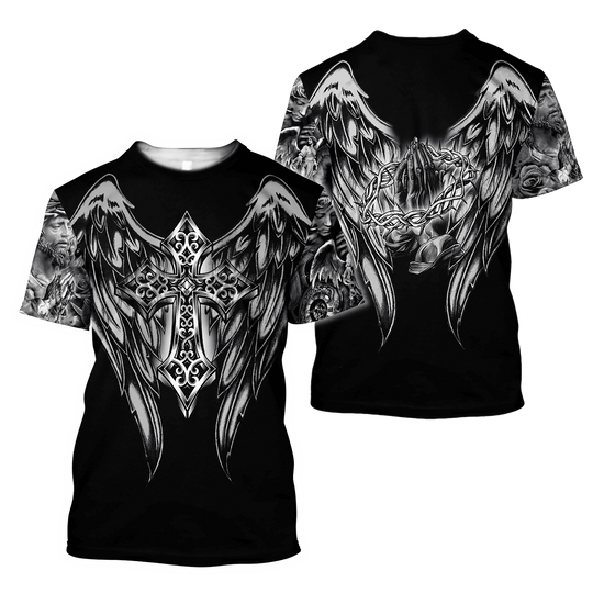 Discover Jesus Christ Cross and Wings black Printed shirts 3D Tshirt