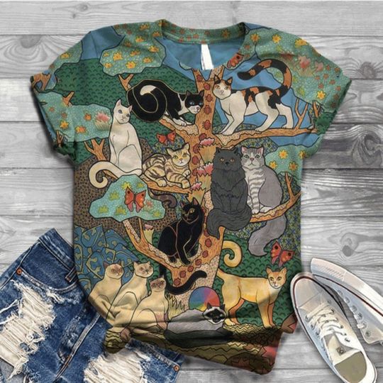 Discover Women Summer Short Sleeve Digital 3D Cat Printed O-Neck Tops T Shirt