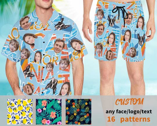 Discover Personalized Photo Swimwear,Button Down Hawaiian Shirt,Custom Hawaiian Shirt with face,Husband Tropical Leaves,Custom Multi Faces Trunks