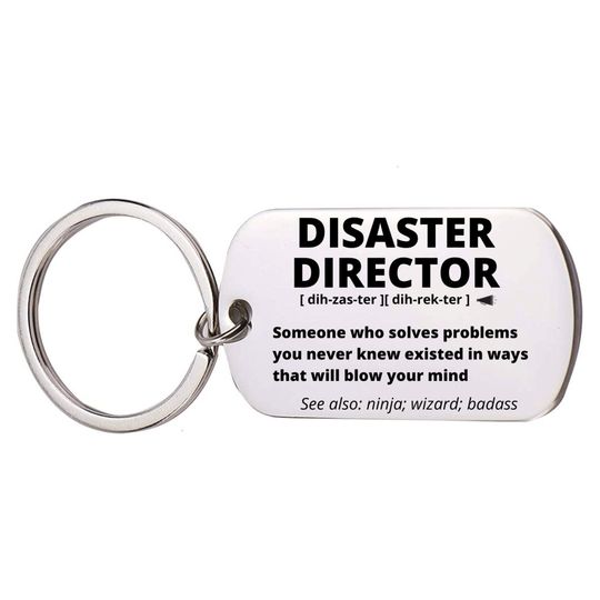 Discover Disaster Director Gift, Stainless Steel Engraved Keychain