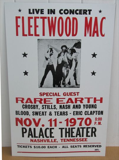 Discover Fleetwood MAC Concert Poster 1970 Nashville, TN Rare Earth Stevie Nicks Premium Matte Vertical Posters