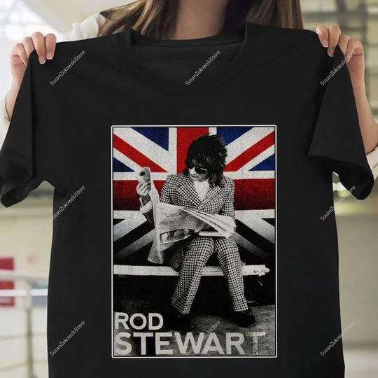 Discover rod stewart plaid union jack tour black t shirt