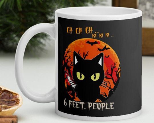 Discover Stay 6 feet back,black cat Mug