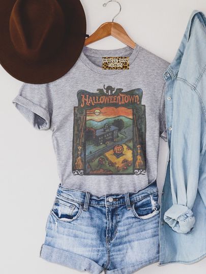 Discover Halloween town spooky town on heather gray crew neck T Shirt