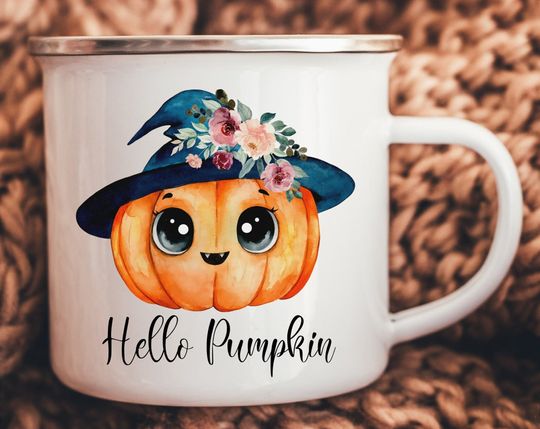 Discover Halloween Personalised Enamel Mug, Hello Pumpkin, Halloween Camping Mug