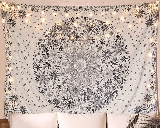 Discover Bohemian Tapestry Wall Hanging, Beige White Floral Tapestry