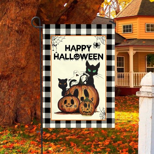 Discover Checkered Happy Halloween Pumpkin Cat Ghost Garden Flag