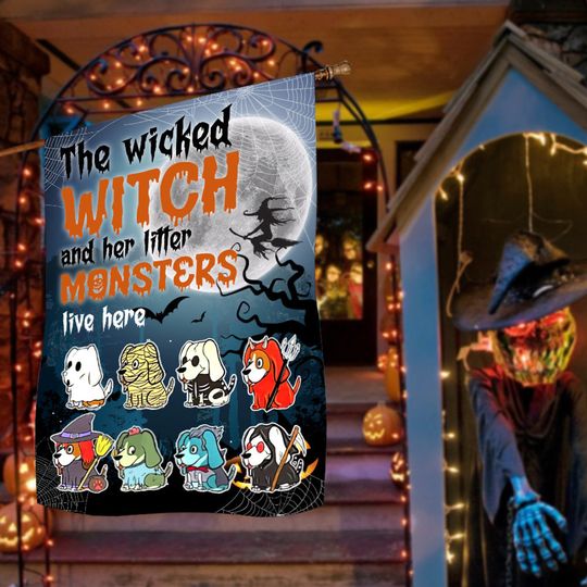 Discover The Wicked Witch and Her Little Monsters Halloween House Flag