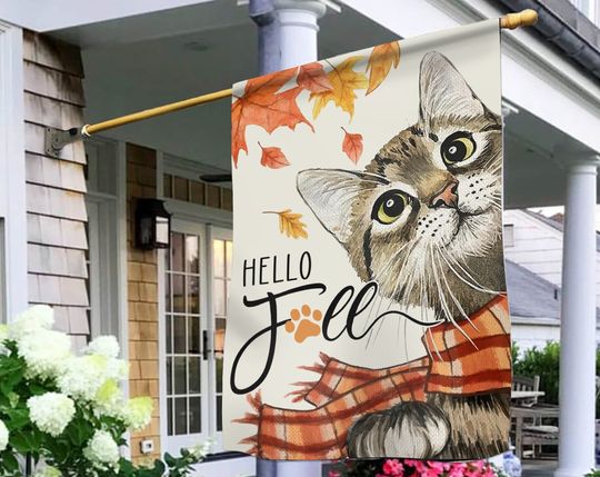 Discover Hello Fall Cat and Autumn Leaves House Flag