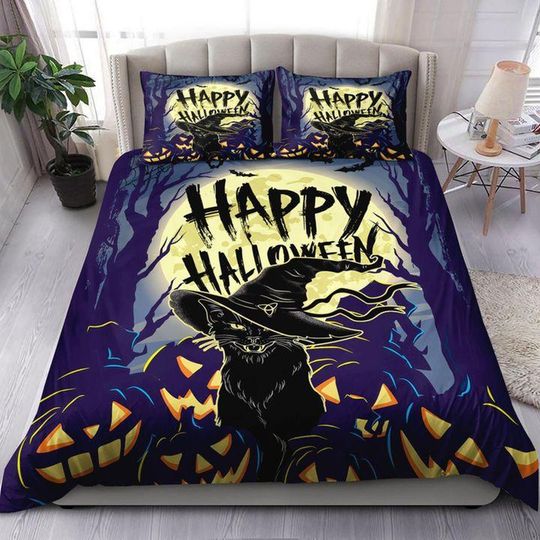 Discover Black witch Cat Halloween Big Moon Bedding Set, Animal Halloween Quilt Set