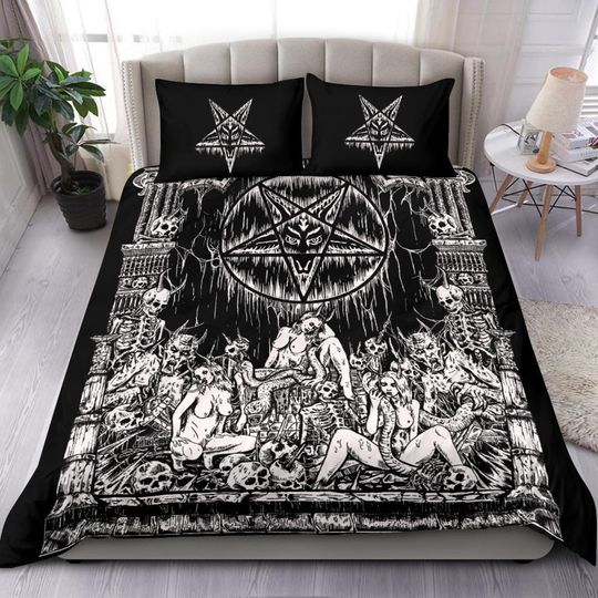 Discover Skull Skeleton Satanic Pentagram Demon Lust Shrine -Satanic Occult Goth Bedding