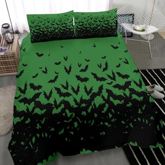 Discover Gothic Bedding Set - Swarming Bats Green Goth Bedding