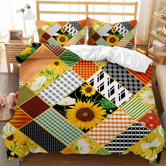 Discover 3D Sunflower Comforter Set King,Geometric Floral Plaid Theme, Quilt Bedding Sets