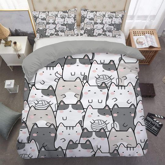 Discover Kawaii Cat Bedding Grey, Toddler Bedding, Kids Duvet Bedding Set