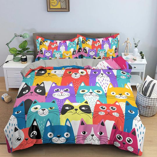 Discover Colorful Funny Cats Kids Duvet Cover Set, Toddler Bedding Set