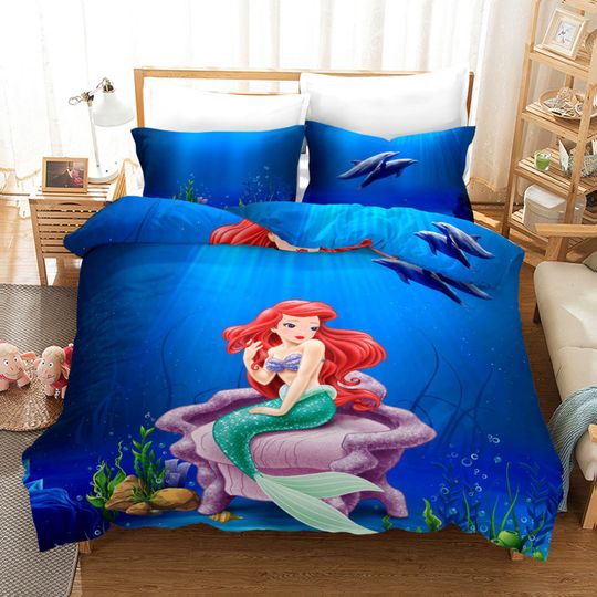 Discover Underwater Mermaid Bedding Set King, Cute Princess Mermaid Living Happily in The Sea Bedding Set