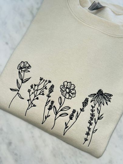Discover Embroidered  wildflowers Sweatshirt, Minimalistic embroidered plant sweatshirt